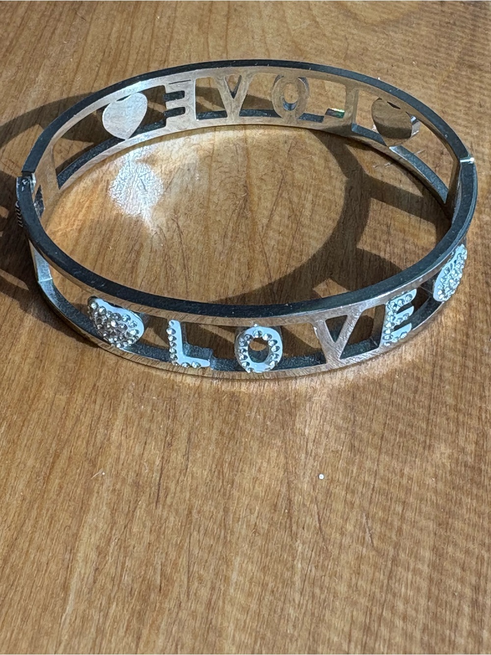 Silver & Crystal Rhinestone LOVE Heart Hinged Cuff Bracelet